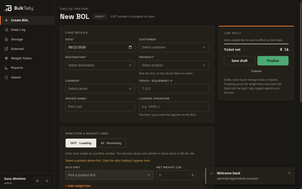 Create BOL screen with live tally