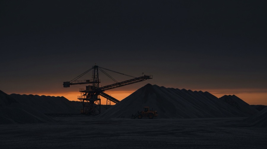 Aggregate stockpiles and a radial stacker at dusk