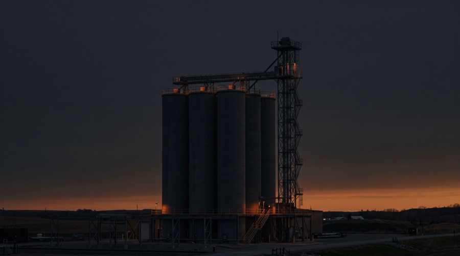 Cement plant silo cluster at dusk